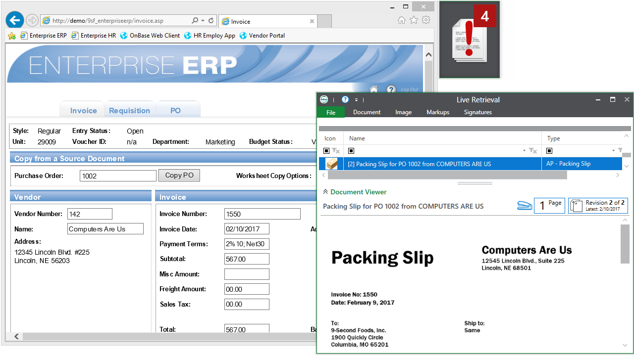 Application Enabler screenshot - retrieving a document from a business system